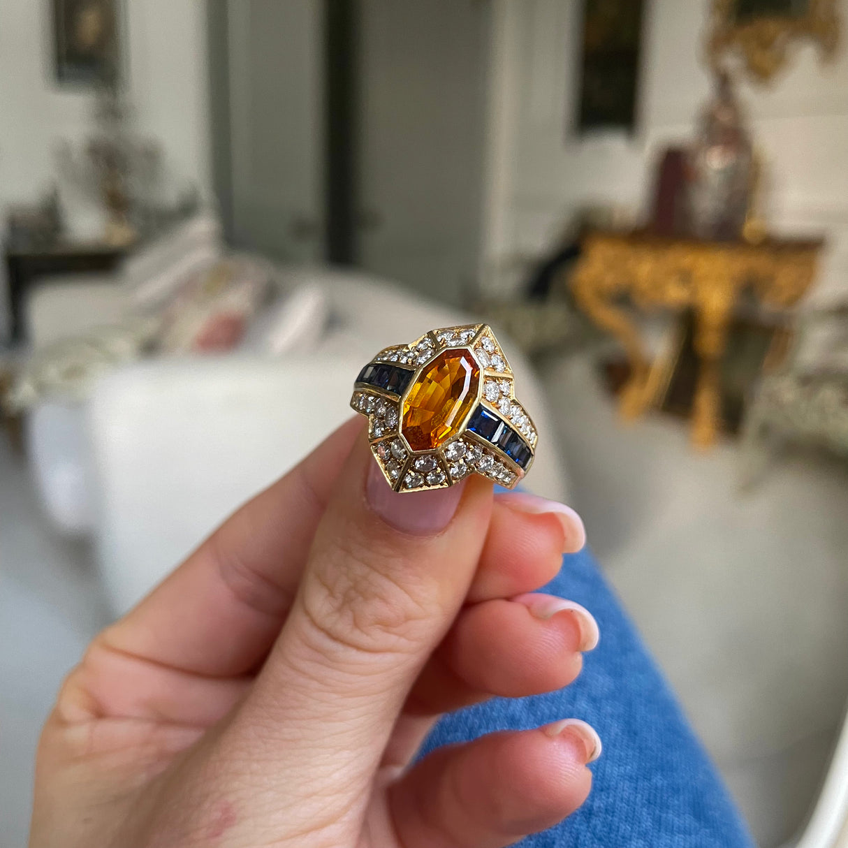 Vintage chaumet | orange sapphire, diamond and blue sapphire cocktail ring, signed