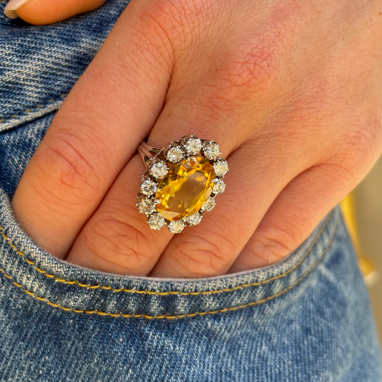Vintage, 18ct white gold, citrine and diamond ring
