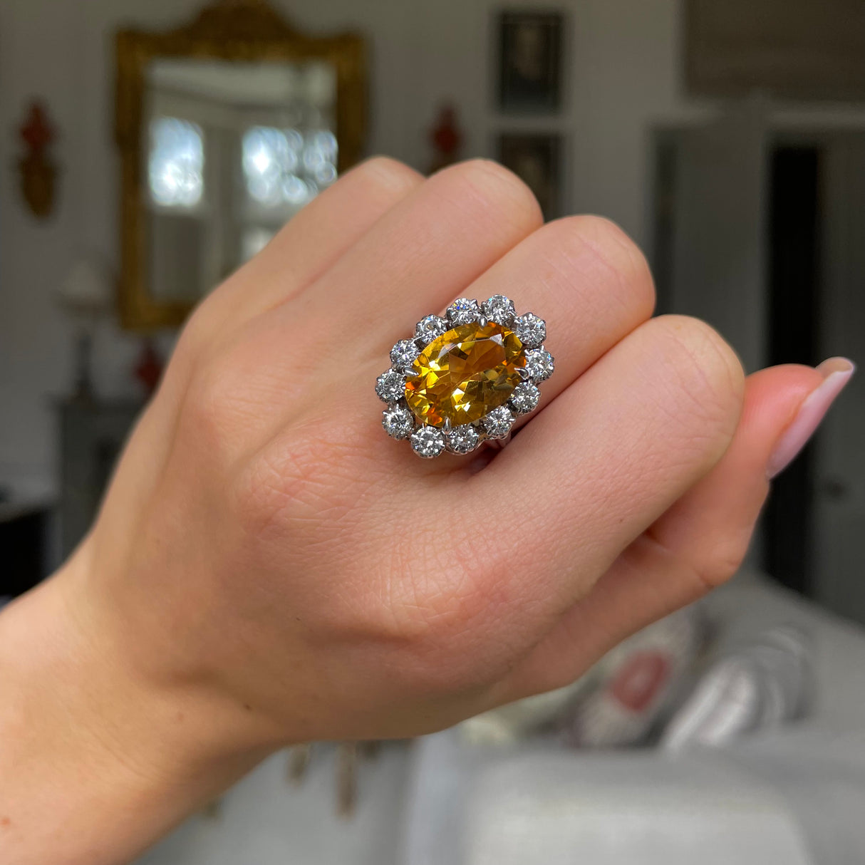 Vintage, 18ct white gold, citrine and diamond ring