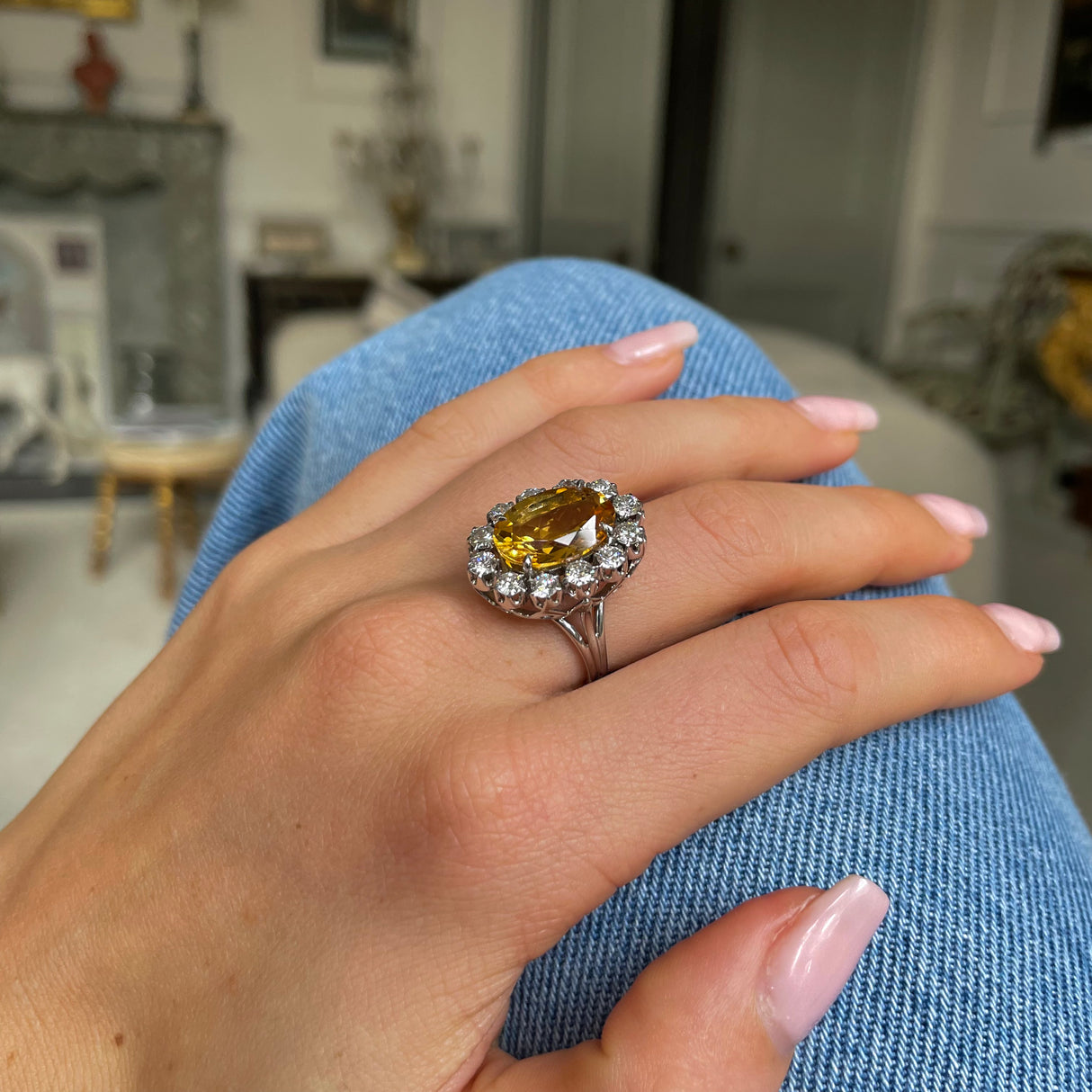 Vintage, 18ct white gold, citrine and diamond ring