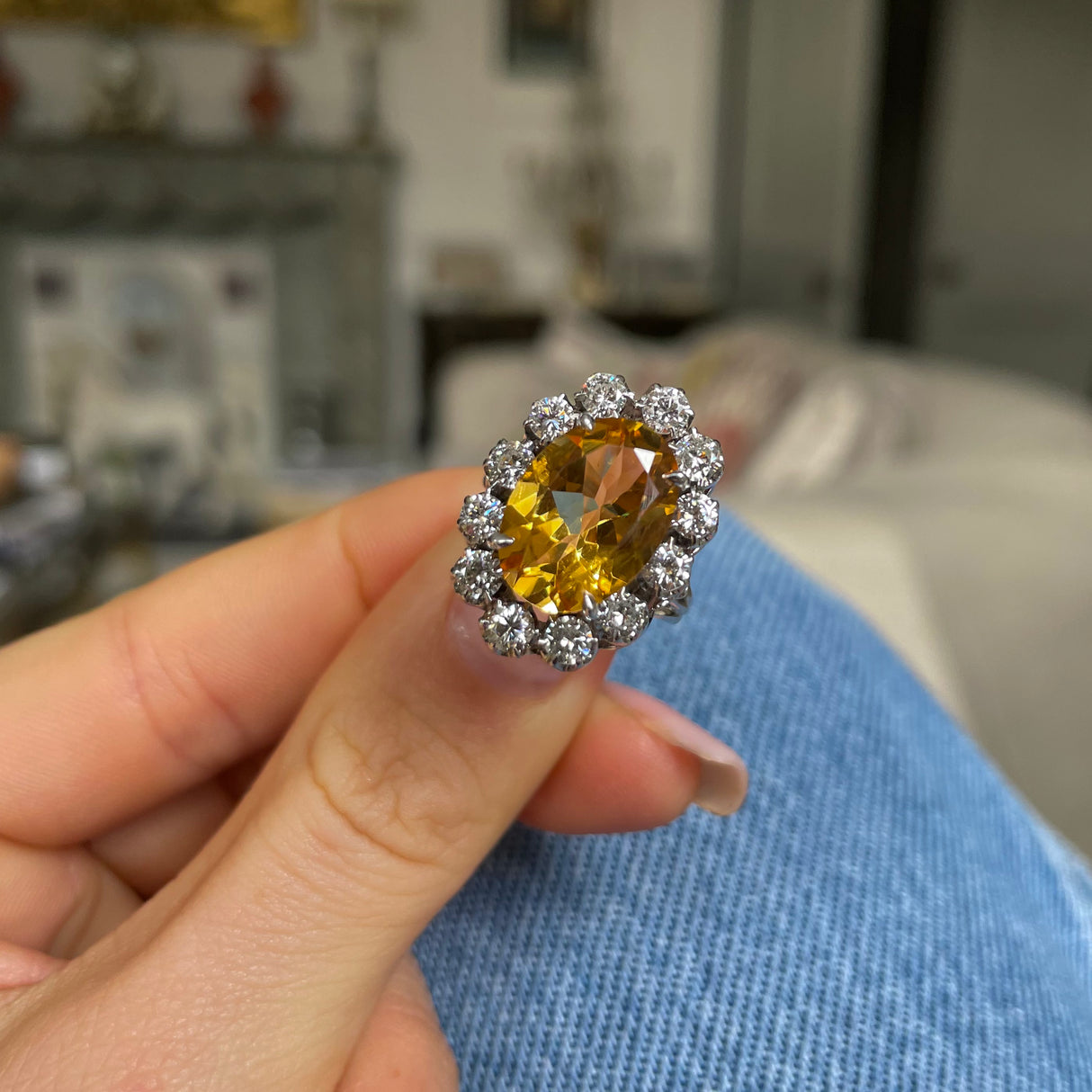 Vintage, 18ct white gold, citrine and diamond ring