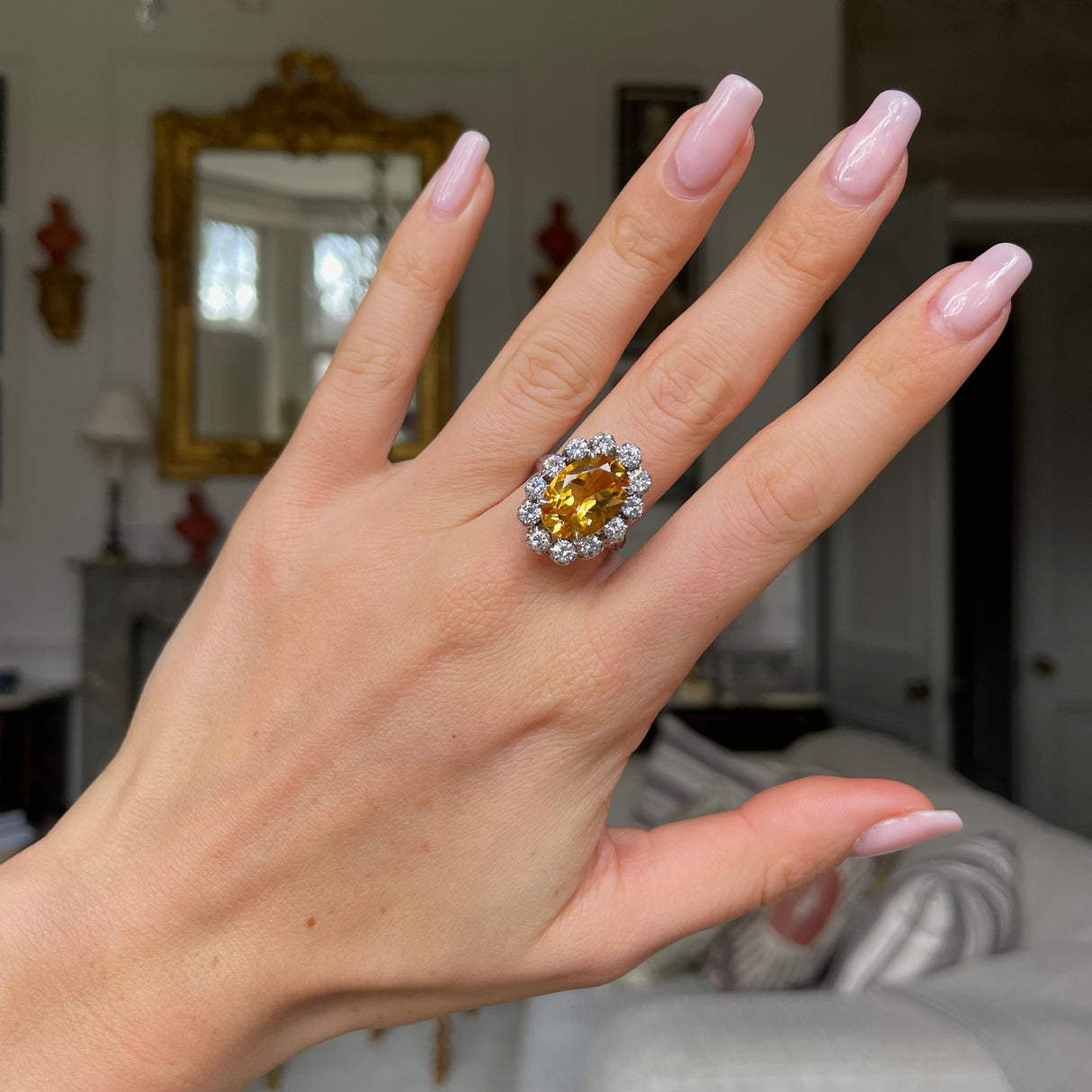 Vintage, 18ct white gold, citrine and diamond ring