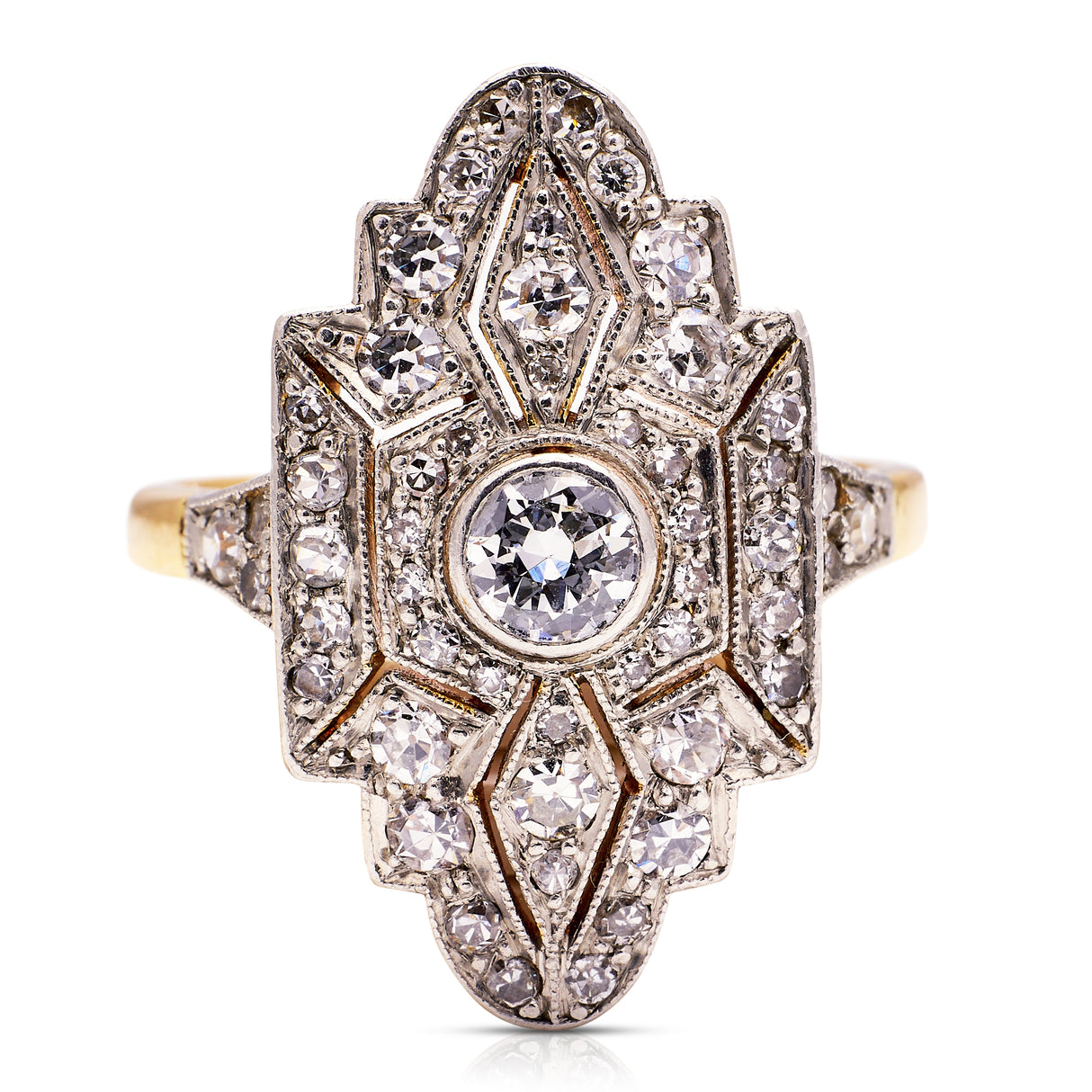 Art Deco diamond navette engagement ring, front view.