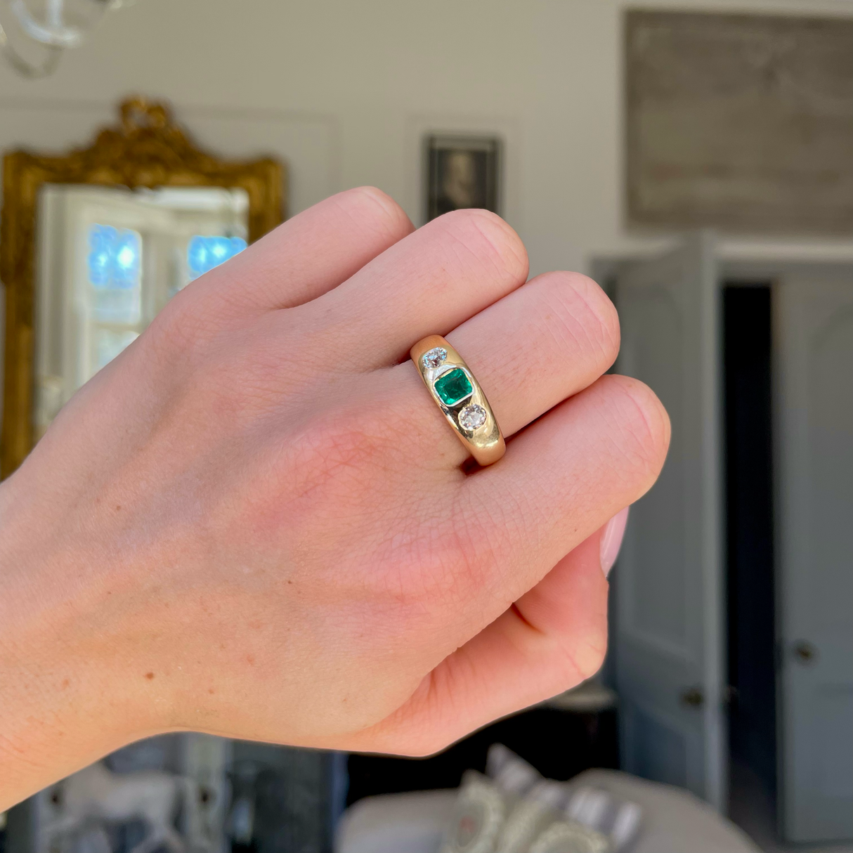 Antique emerald and diamond three stone gypsy ring, 18ct yellow gold