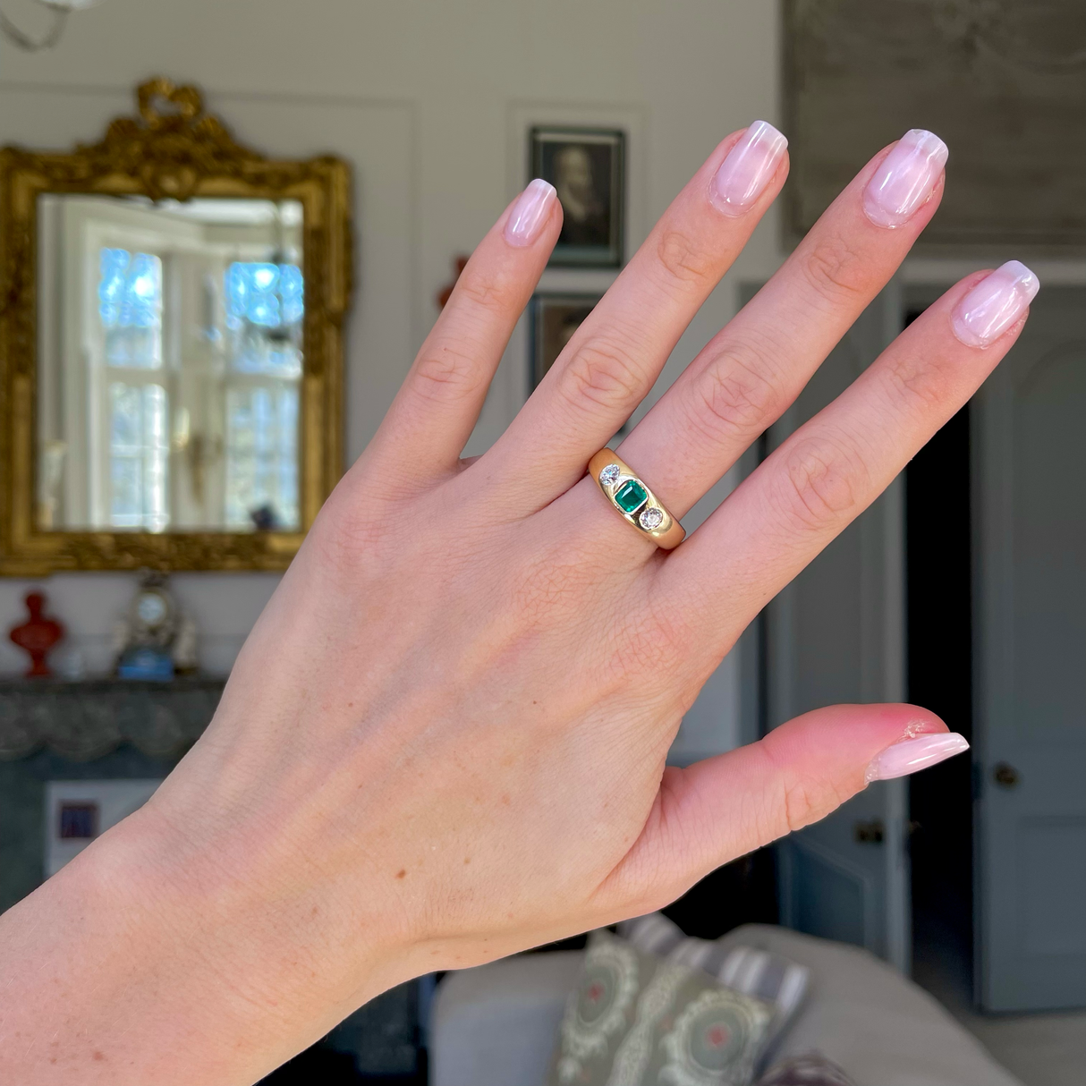 Antique emerald and diamond three stone gypsy ring, 18ct yellow gold