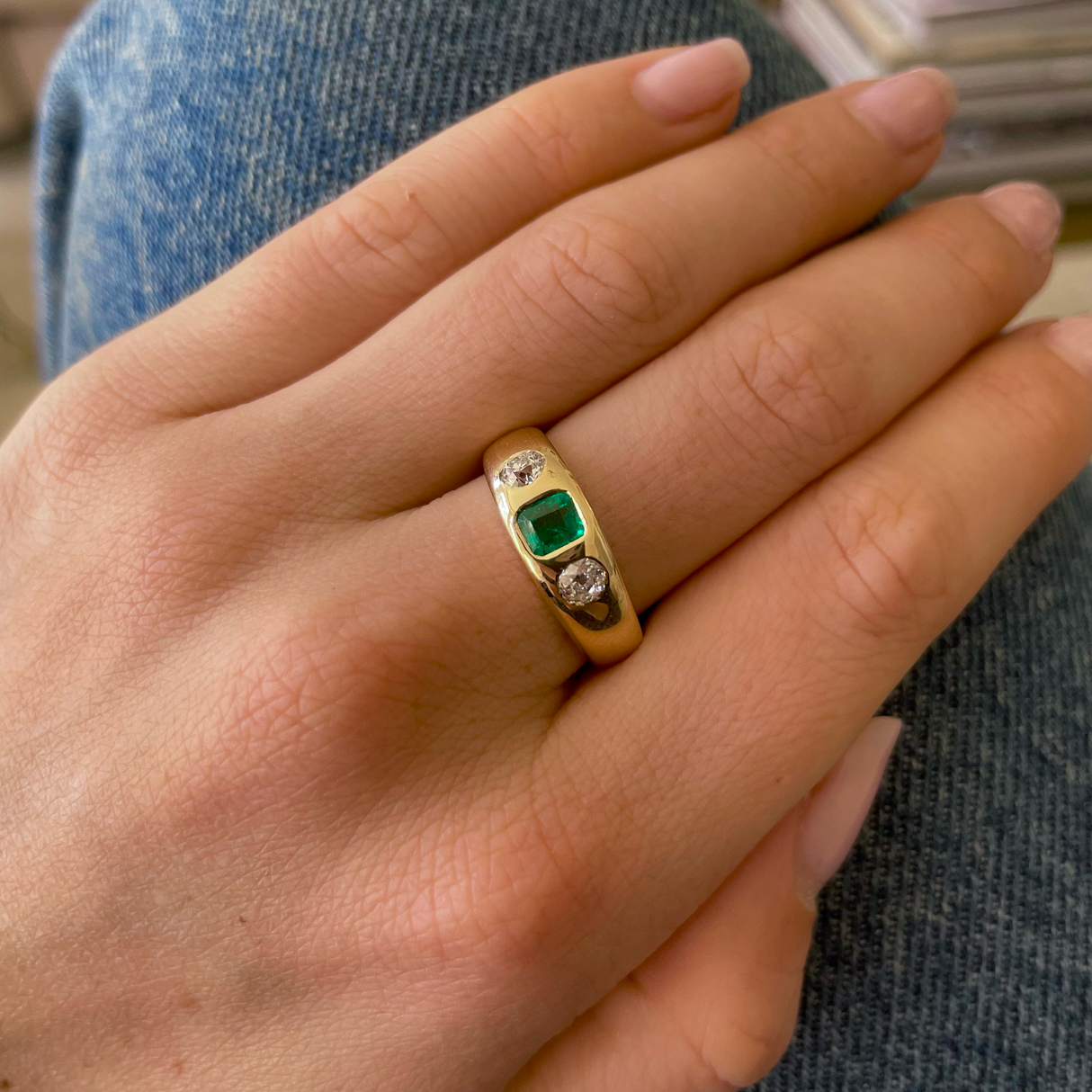 Antique emerald and diamond three stone gypsy ring, 18ct yellow gold