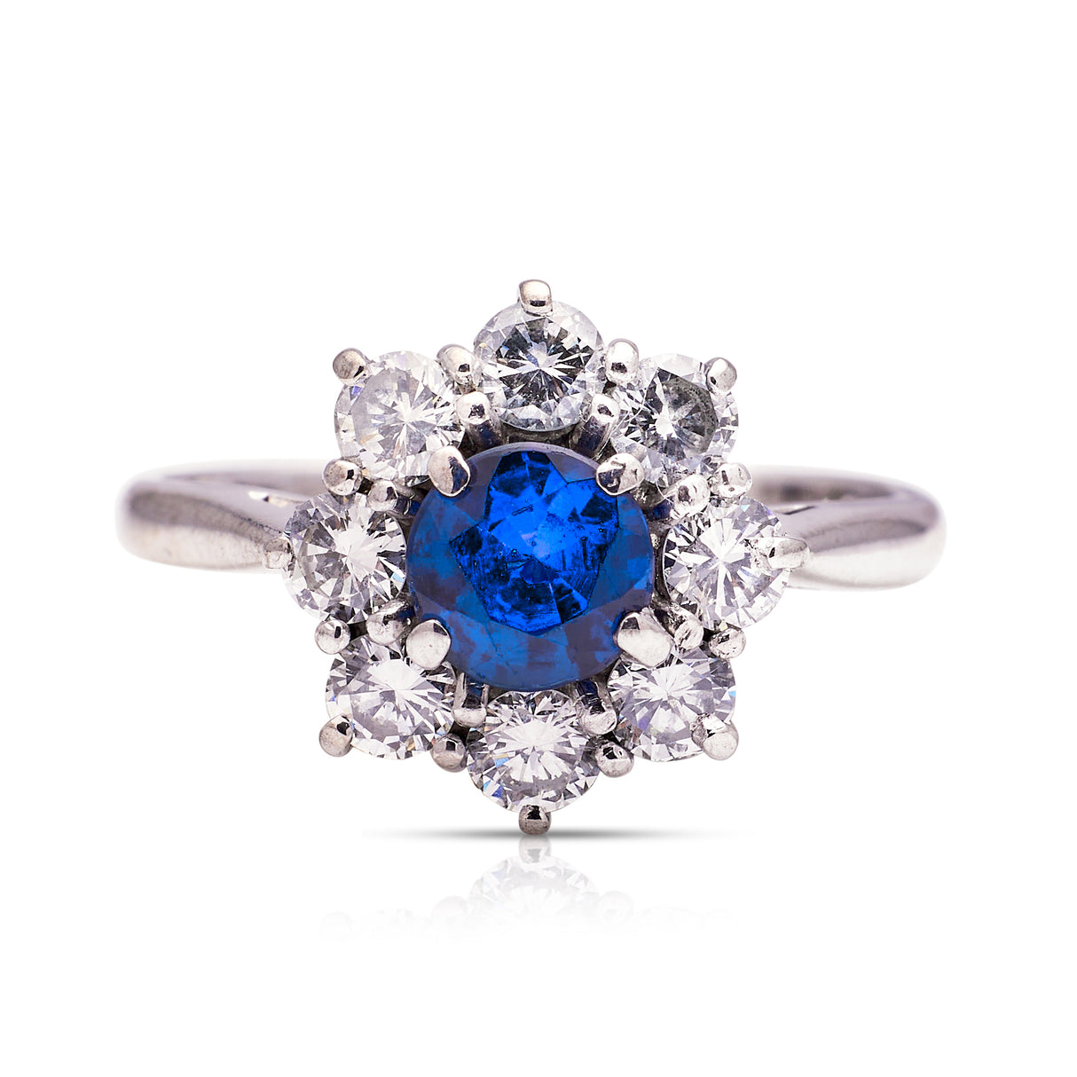 sapphire and diamond cluster engagement ring, front view.