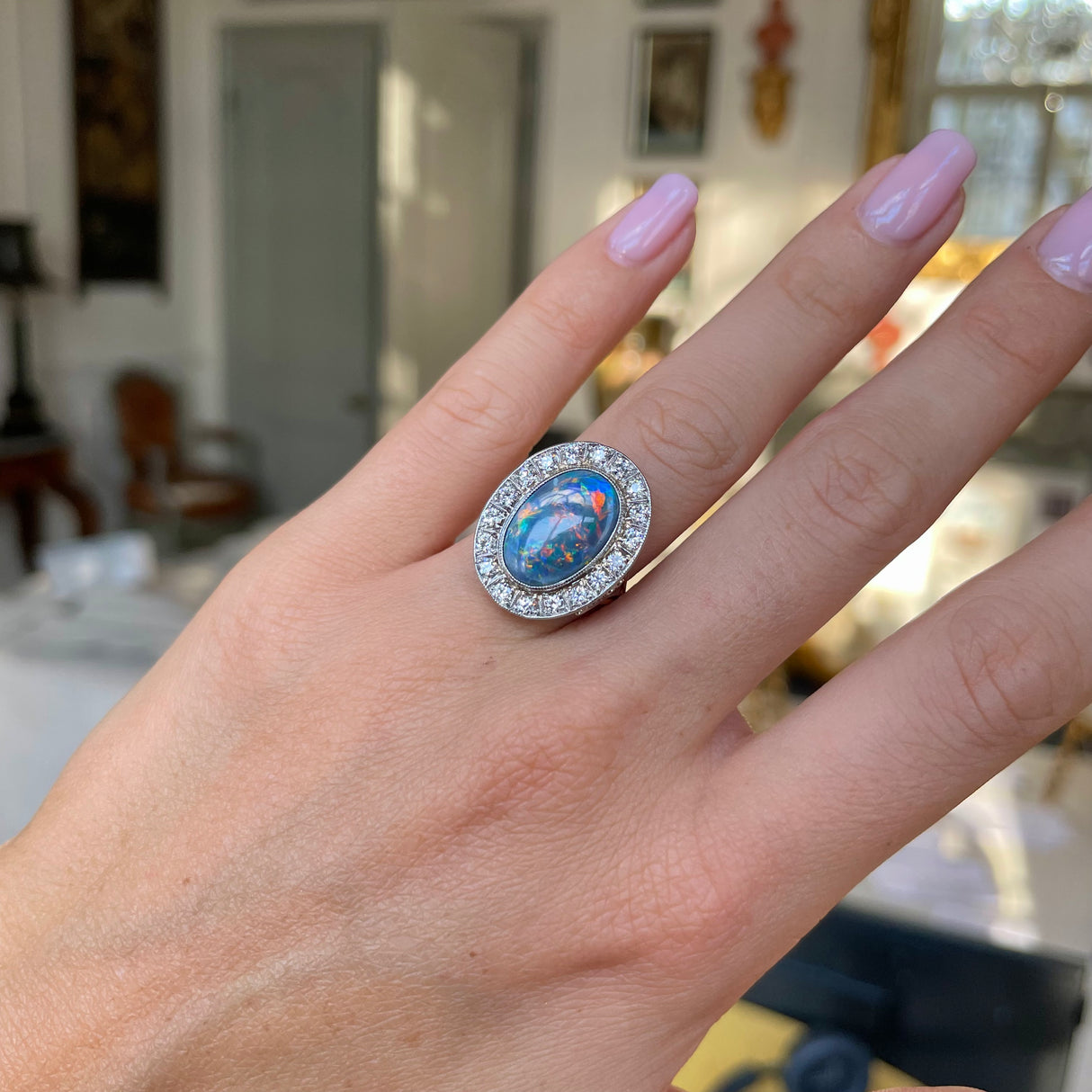 Art Deco | black opal and diamond cluster ring