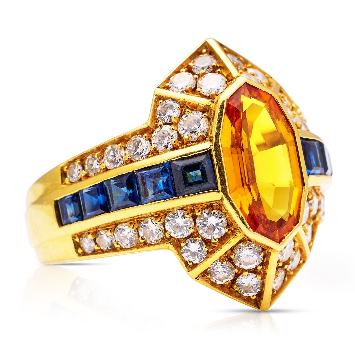 Vintage chaumet | orange sapphire, diamond and blue sapphire cocktail ring, signed