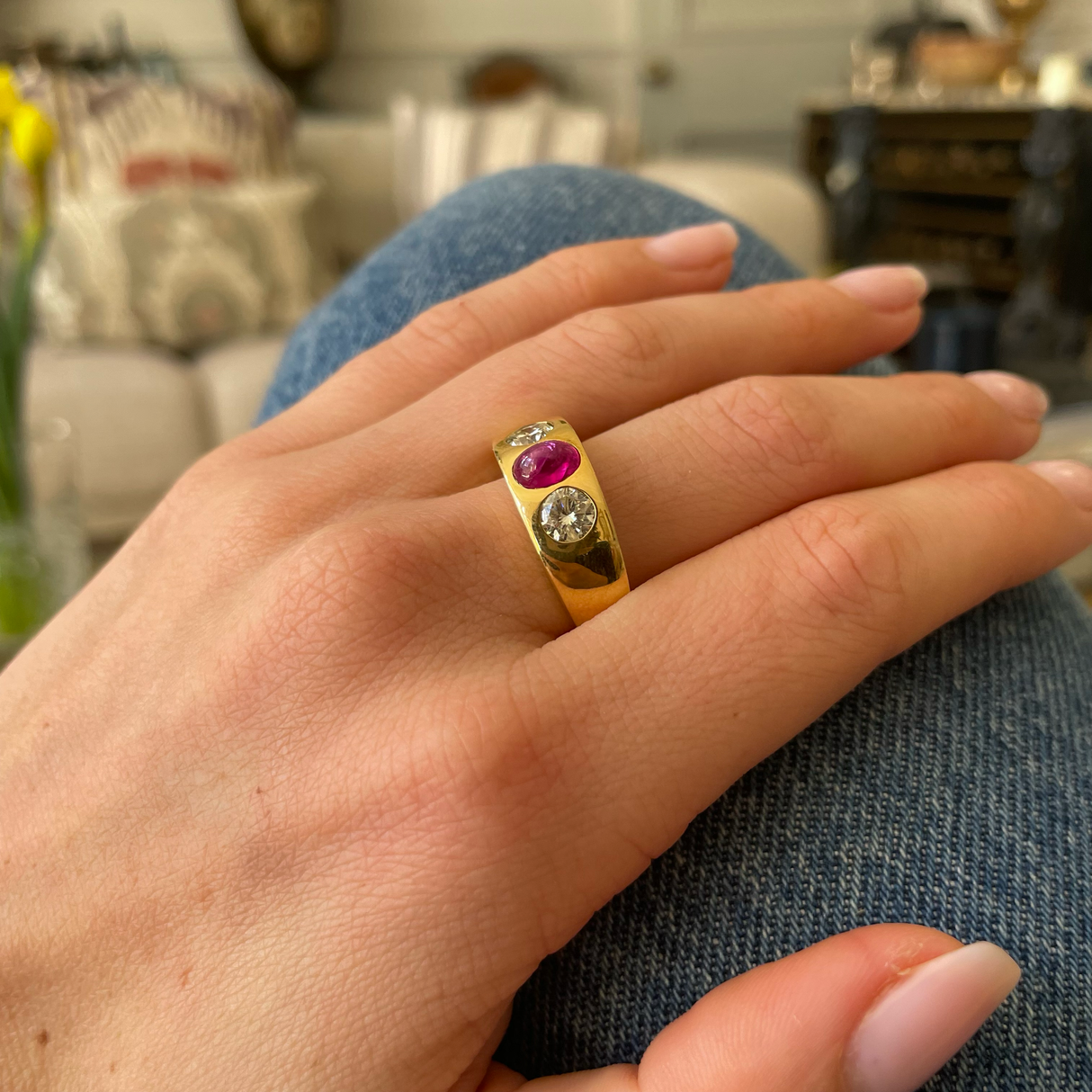 French cabochon ruby and diamond gypsy three stone ring, 18ct yellow gold