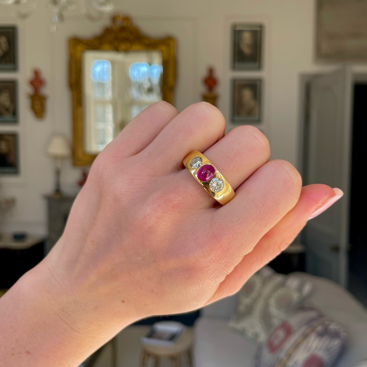 French cabochon ruby and diamond gypsy three stone ring, 18ct yellow gold