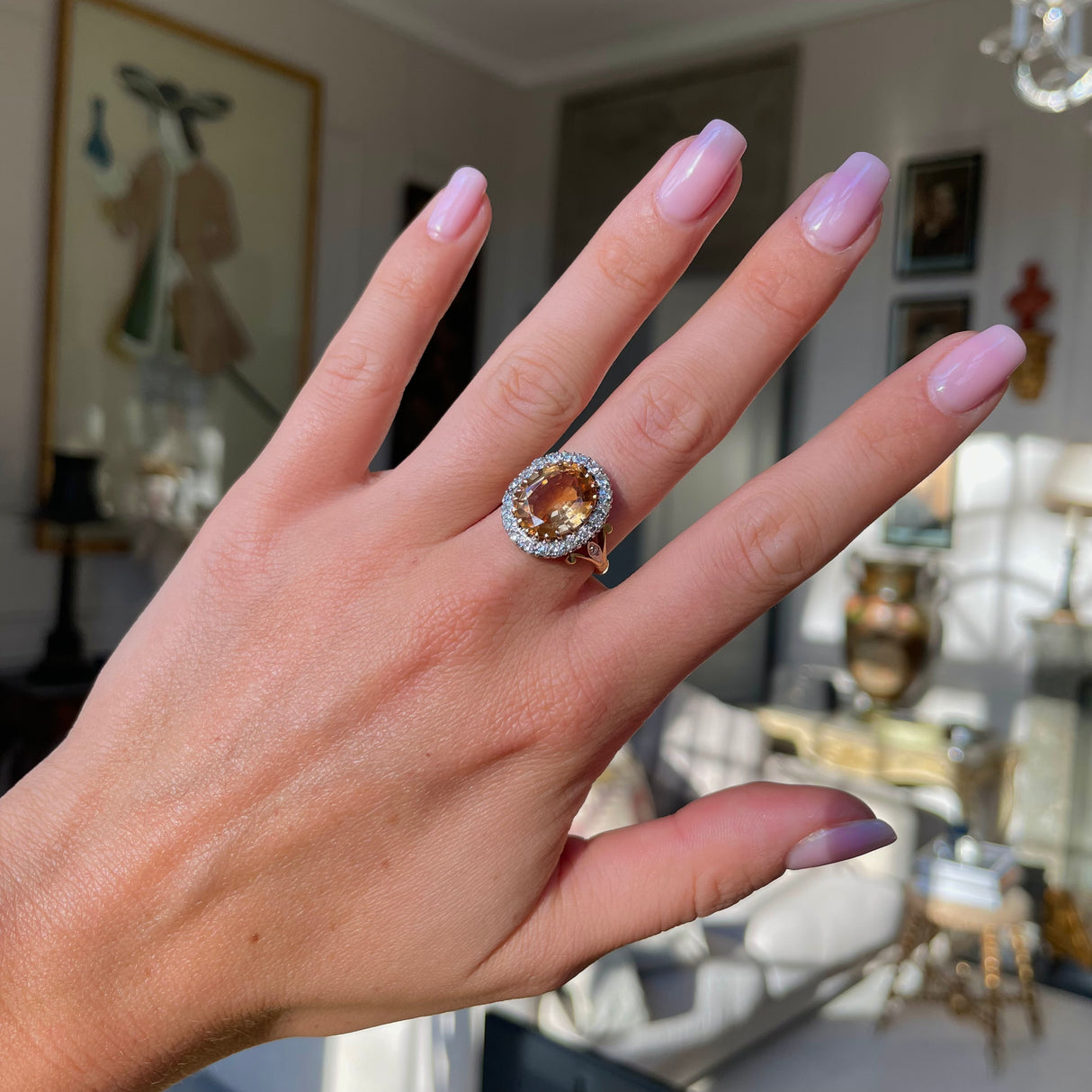 Antique, Edwardian 6ct topaz and diamond cluster ring, 18ct yellow gold