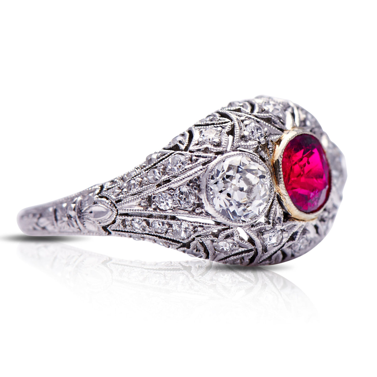 Vintage Antique Edwardian, Platinum, Ruby and Diamond engagement Ring