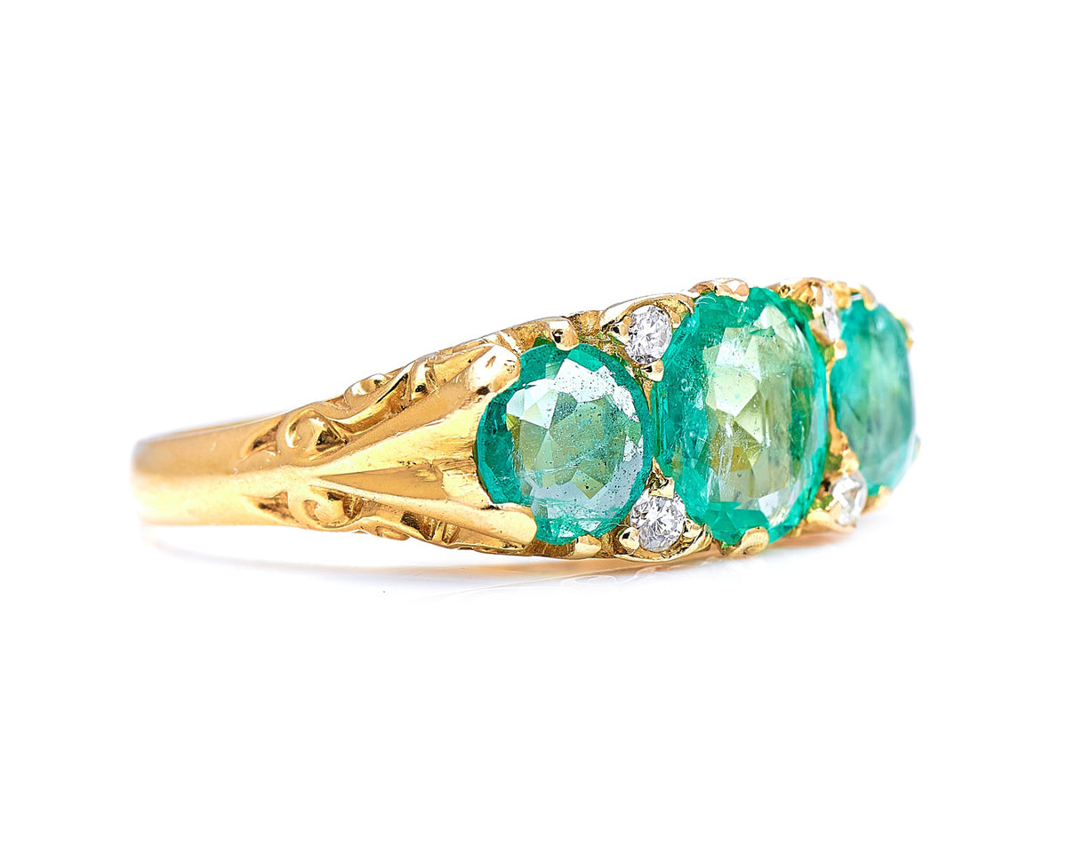 Vintage, 18ct Gold, Colombian Emerald and Diamond Three-Stone Ring Antique Ring Boutique | Untreated Gemstone Rings | Antique Rings | Antique Jewellery Company | | Art Deco | Vintage Jewelry | Antique Engagement Rings | Art Deco Rings | Antique Rings | Antique Jewellery Company | Antique Jewelry | Vintage Jewellery