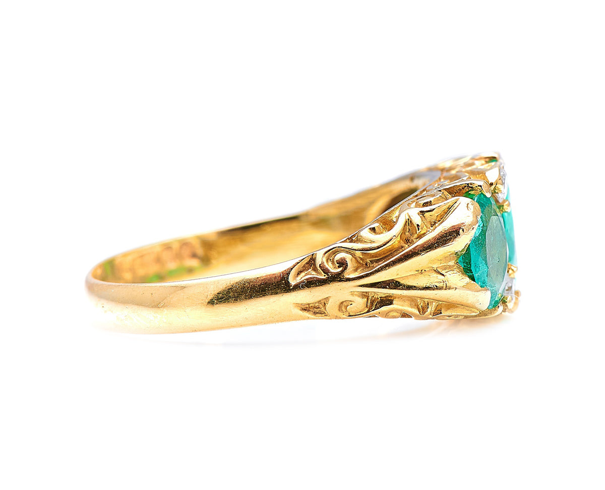 Vintage, 18ct Gold, Colombian Emerald and Diamond Three-Stone Ring Antique Ring Boutique | Untreated Gemstone Rings | Antique Rings | Antique Jewellery Company | | Art Deco | Vintage Jewelry | Antique Engagement Rings | Art Deco Rings | Antique Rings | Antique Jewellery Company | Antique Jewelry | Vintage Jewellery