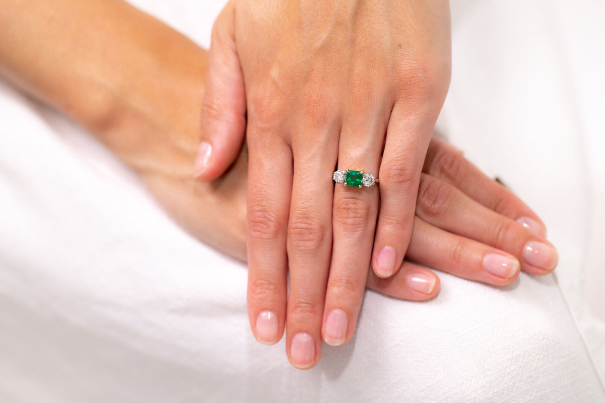 Vintage, 18ct White Gold, Emerald and Diamond Three Stone Ring