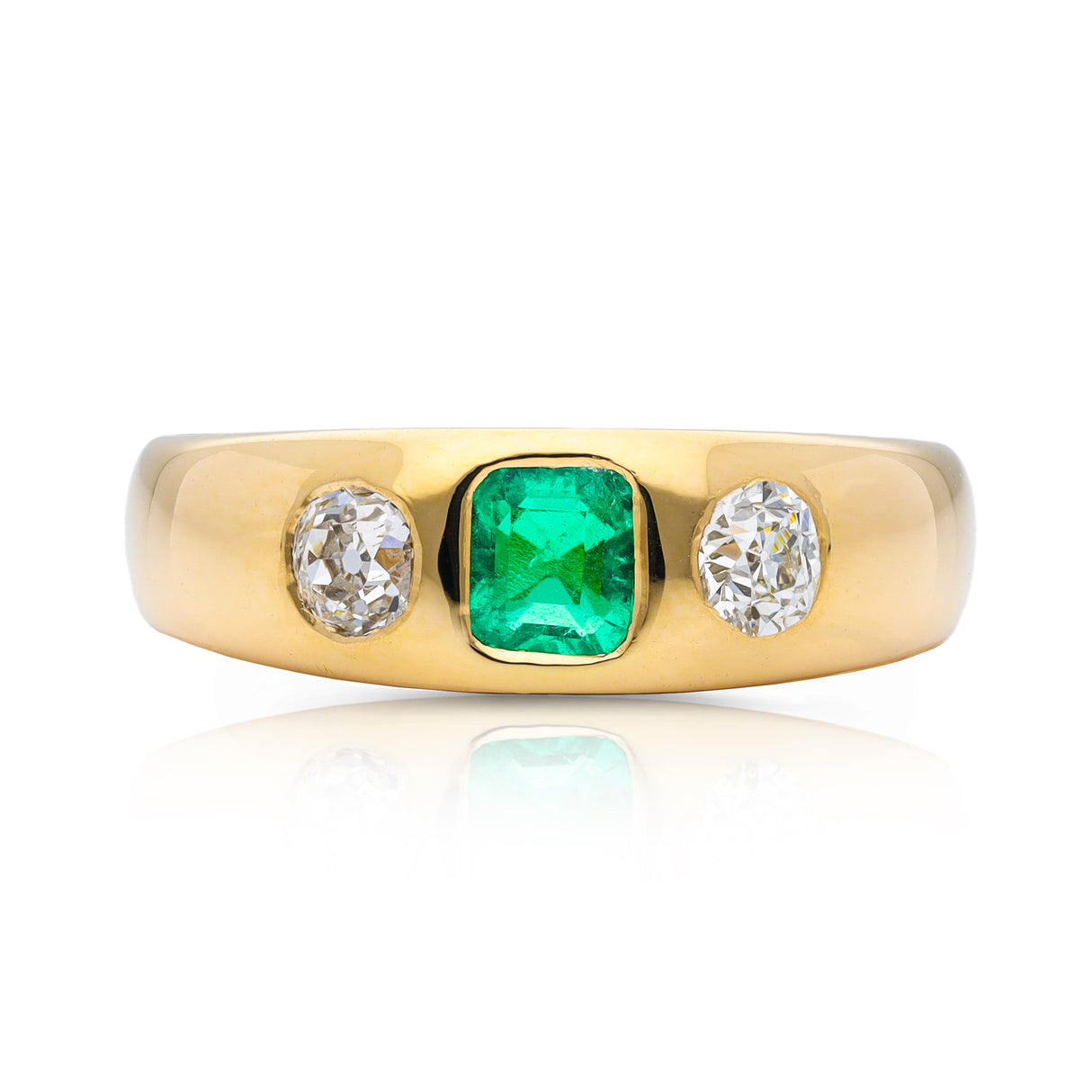 Antique emerald and diamond three stone gypsy ring, 18ct yellow gold