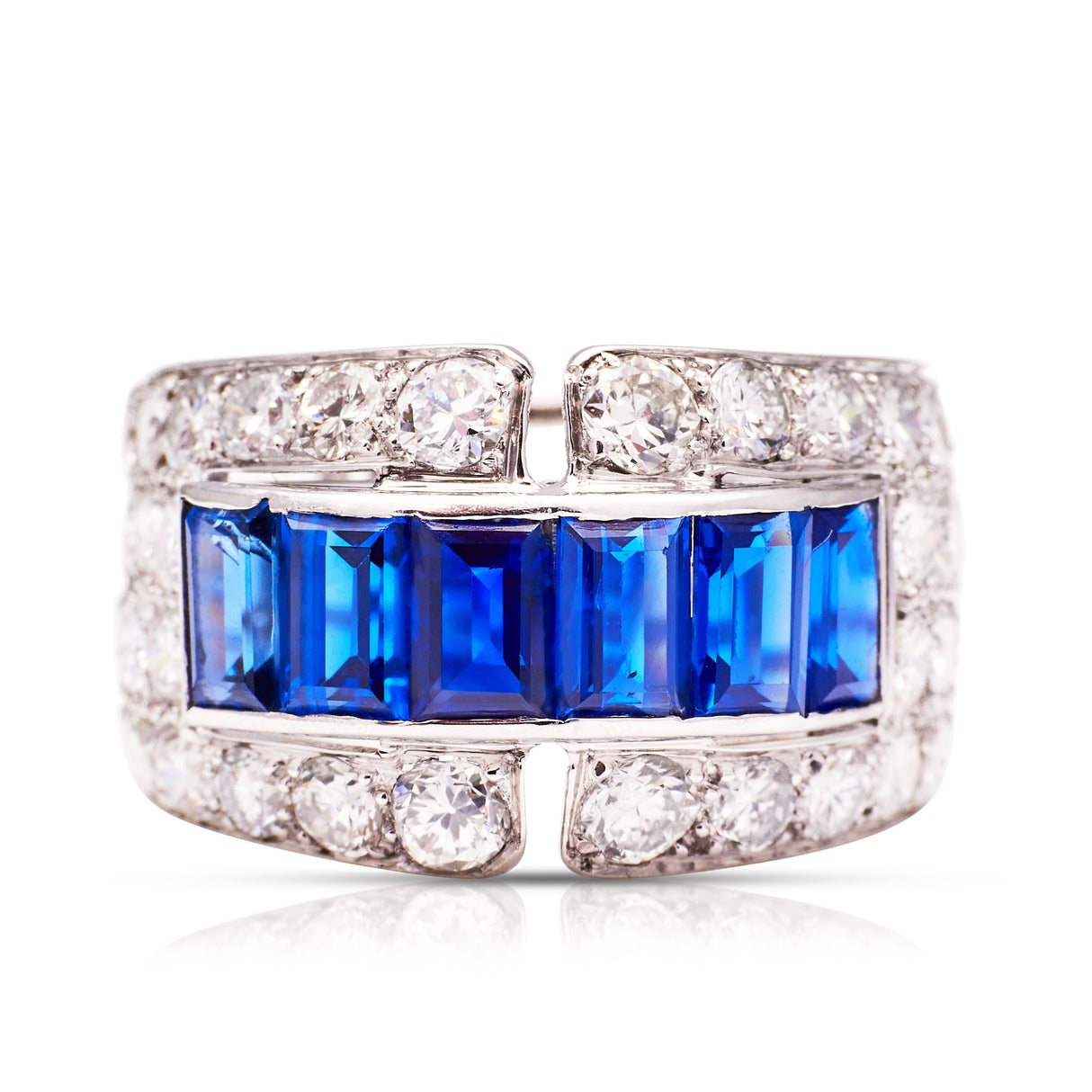 Sapphire and diamond Art Deco Band, front view.
