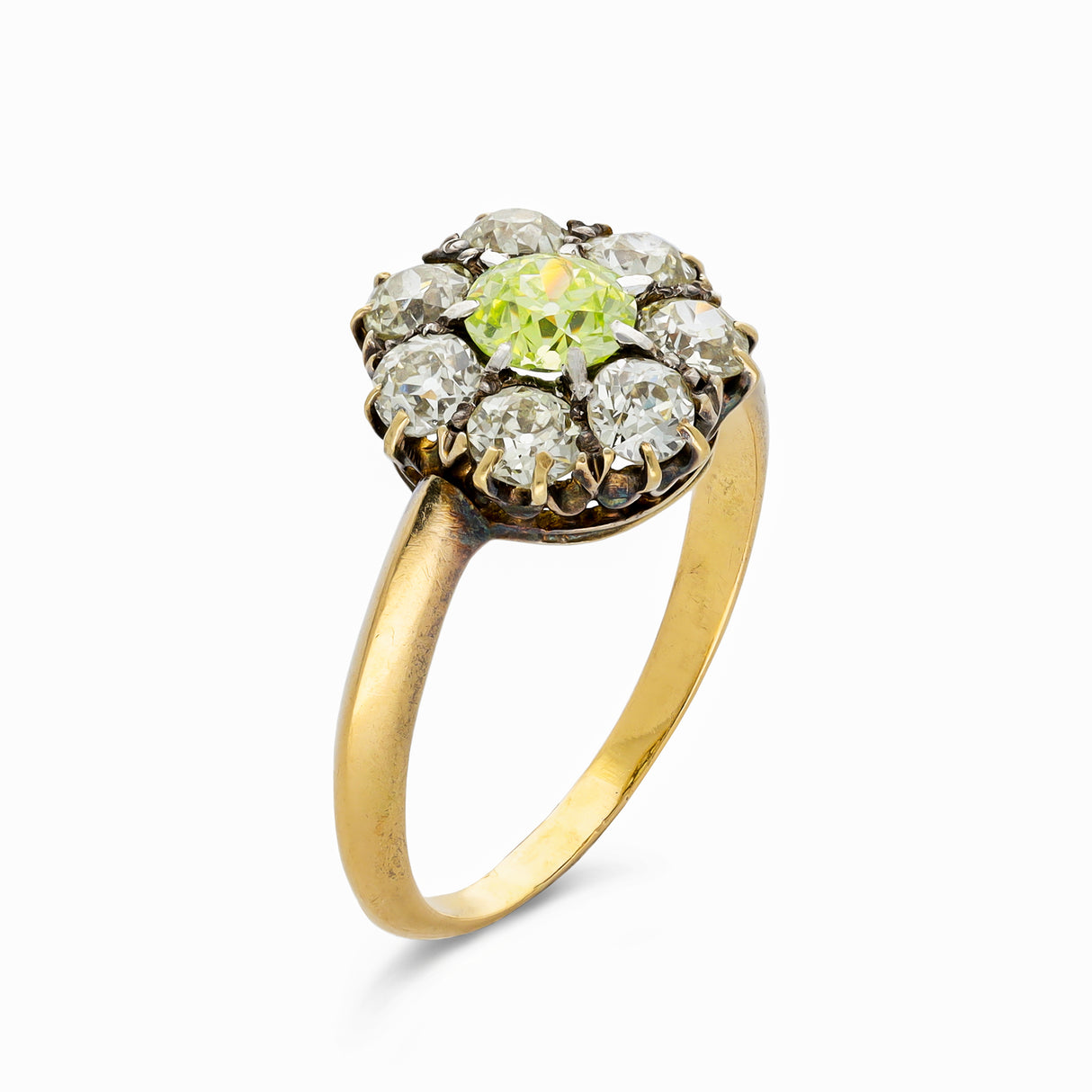 Antique green-yellow diamond cluster engagement ring