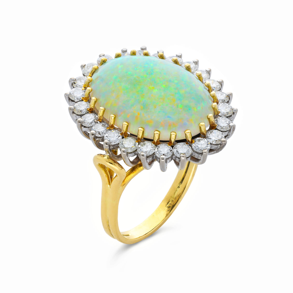 Vintage white Australian opal and diamond ring, side view.