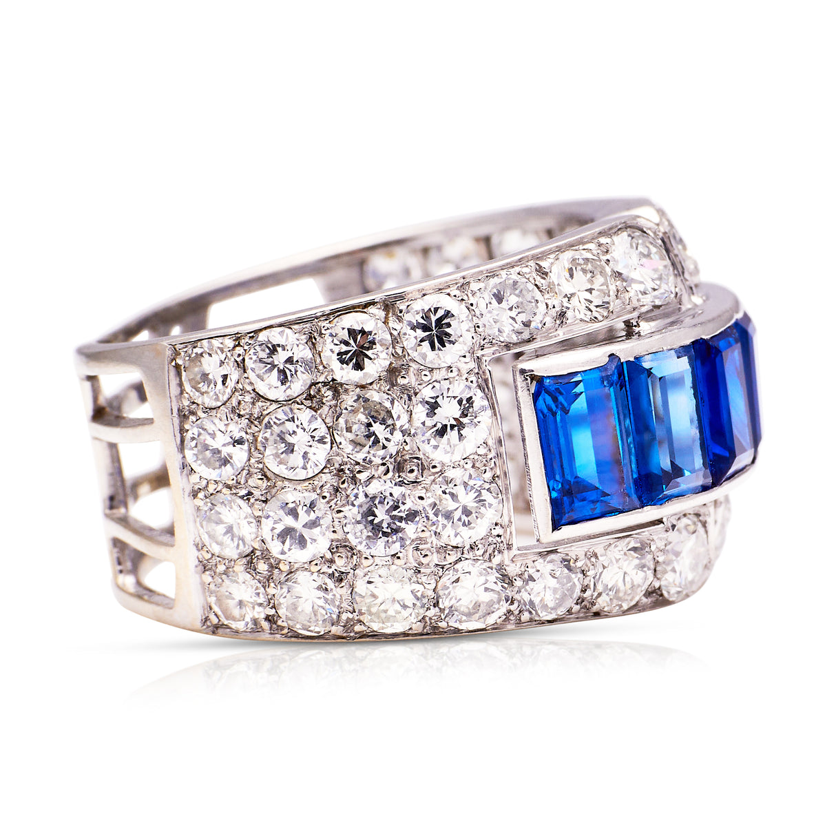 Sapphire and diamond Art Deco Band, side view.