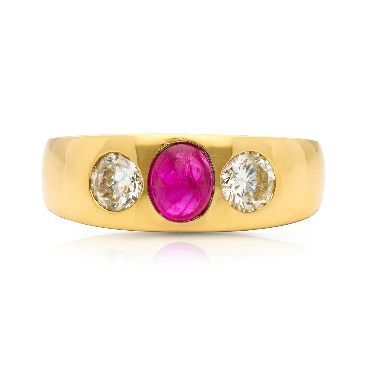 French cabochon ruby and diamond gypsy three stone ring, 18ct yellow gold