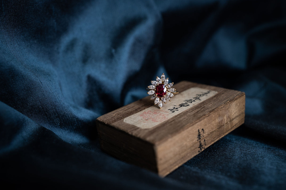 Mid century, French, 1960s, 18ct gold, natural ruby and diamond cluster ring