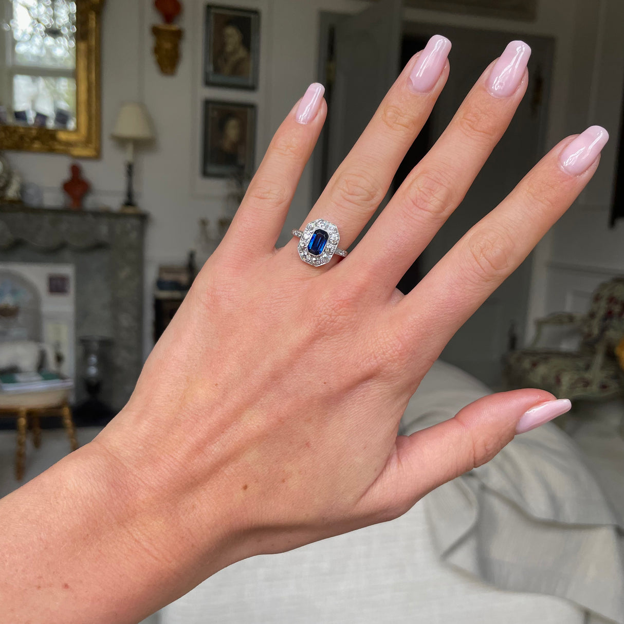 Art Deco sapphire and diamond cluster engagement ring, 18ct yellow gold