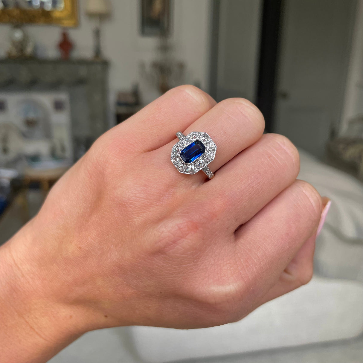 Art Deco sapphire and diamond cluster engagement ring, 18ct yellow gold