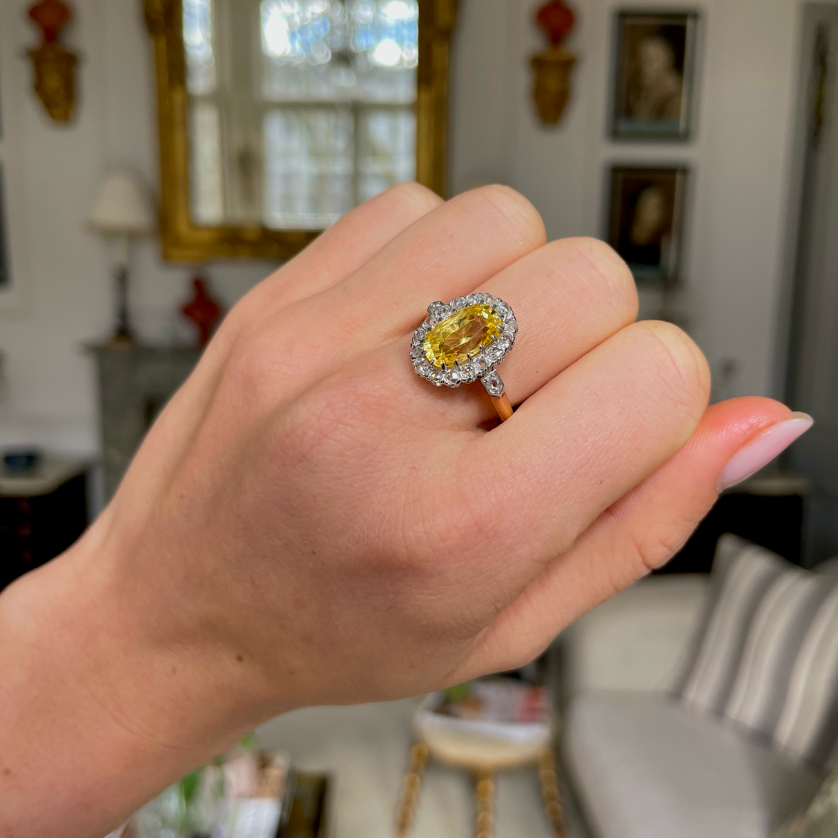 Antique French yellow sapphire & diamond cluster ring
