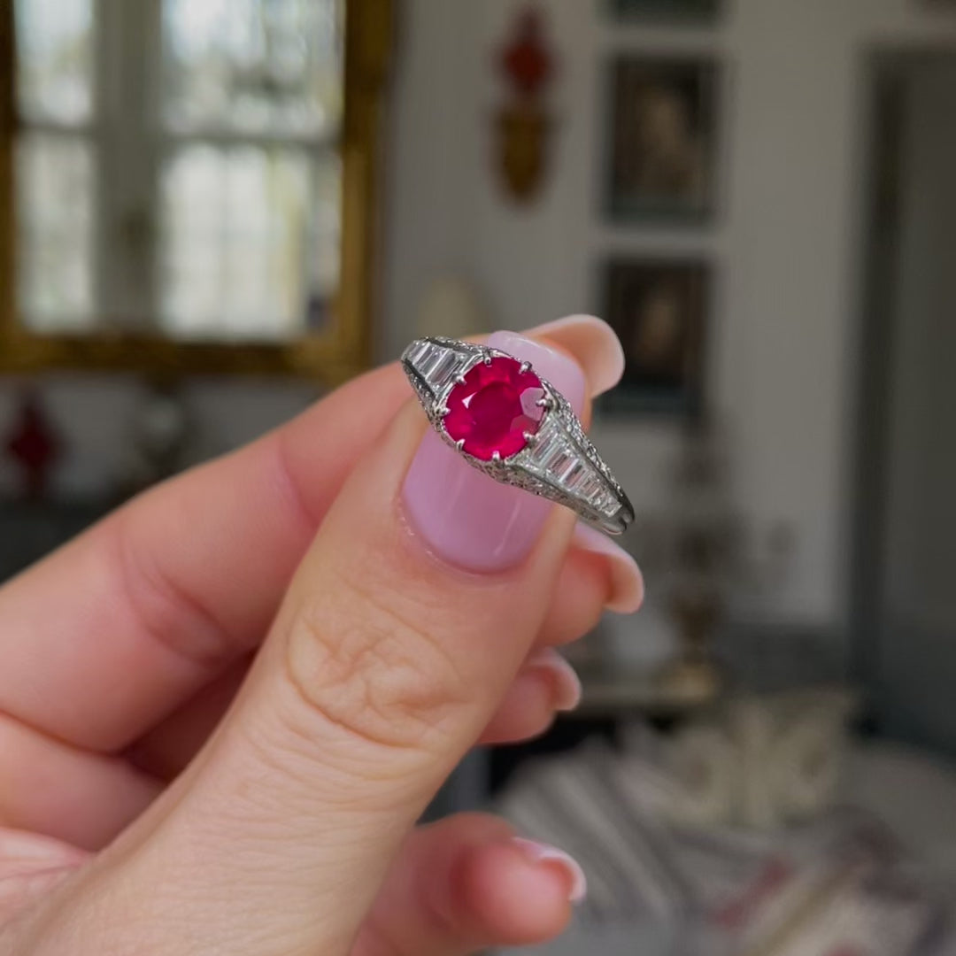 Art Deco, platinum, Burmese ruby & diamond ring