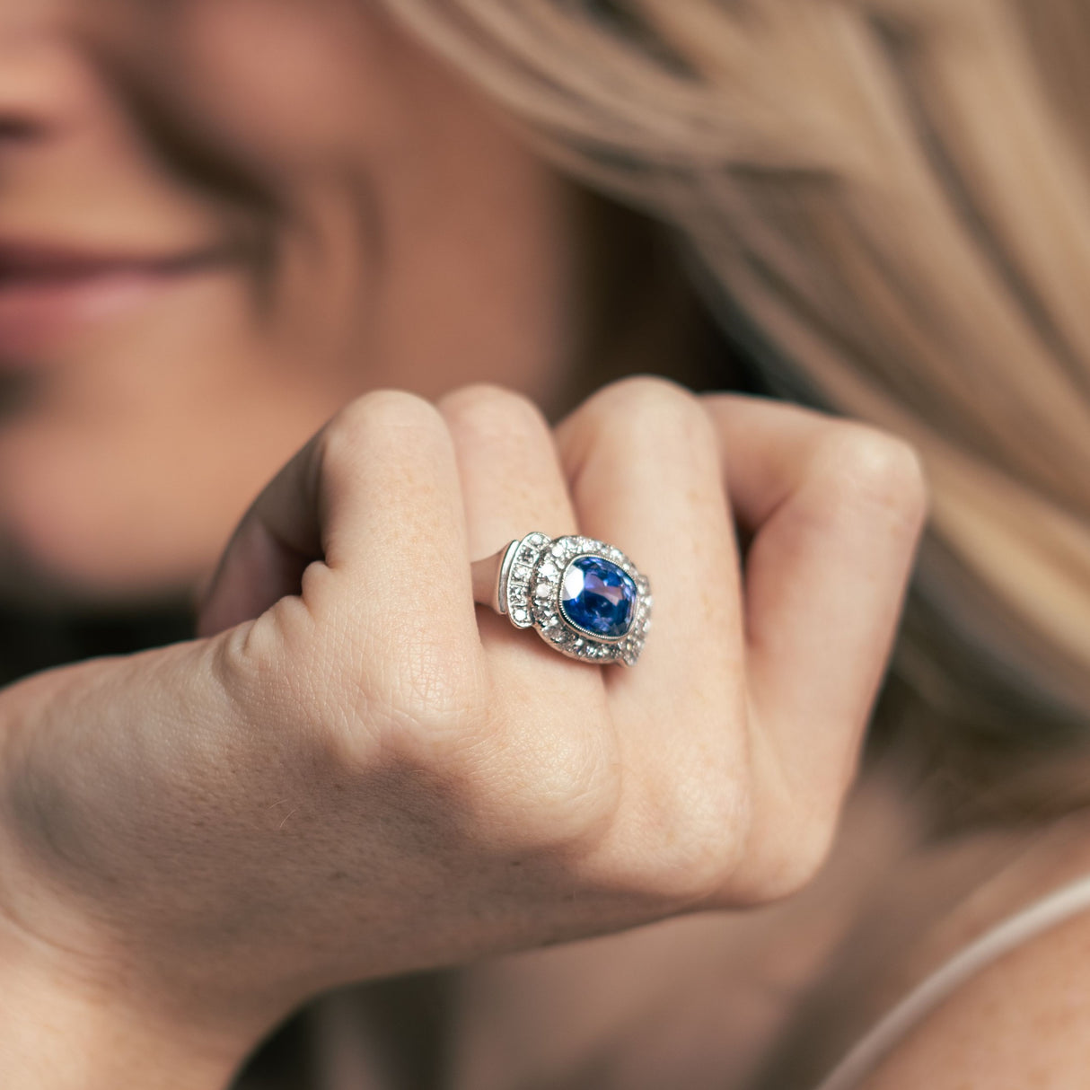 Art Deco, Austrian, 5ct Sapphire and Diamond Cluster Ring | Antique Rings | Antique Ring Boutique | Vintage Engagement Rings | Antique Engagement Rings | Antique Jewellery Company | Vintage Jewellery