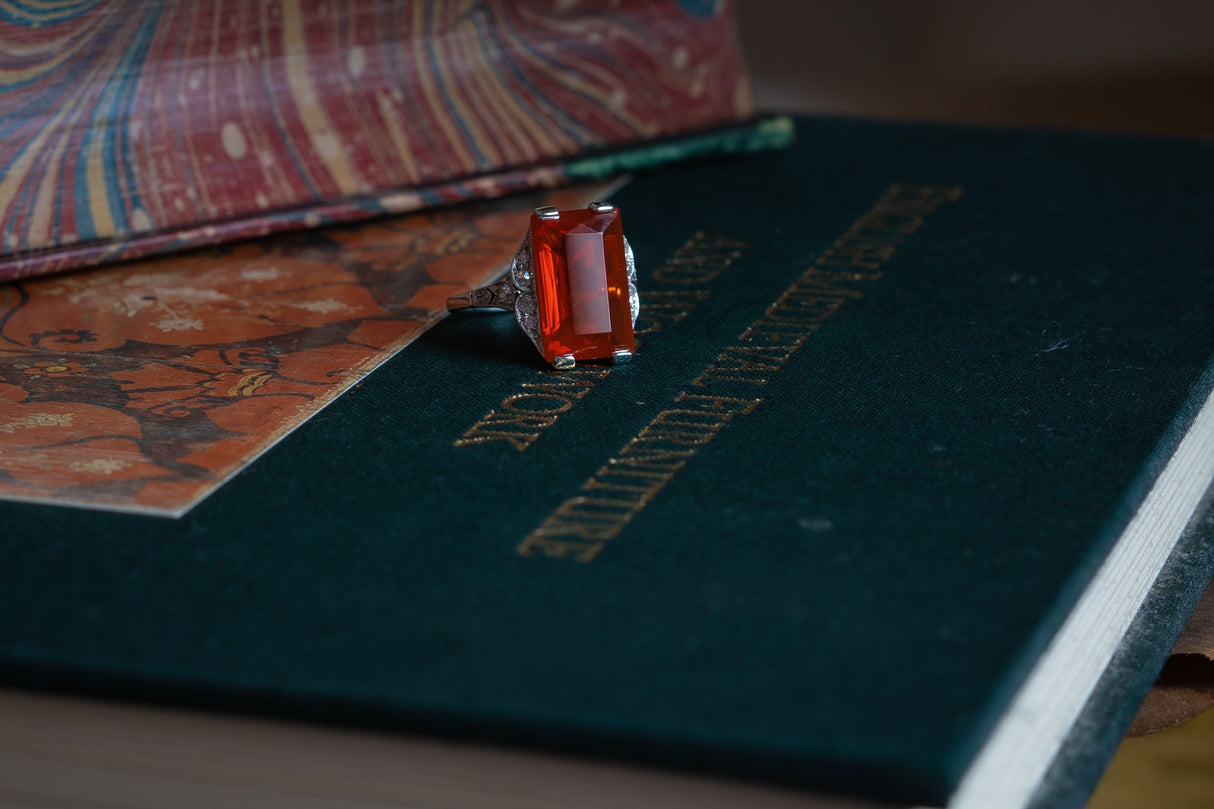 Art Deco, 18ct white gold, fire opal and diamond ring