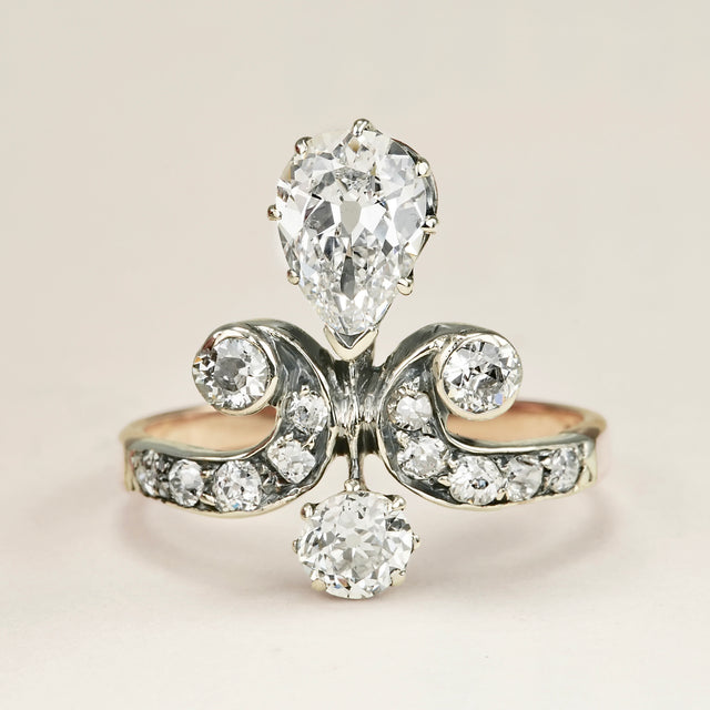 Antique, Edwardian pear cut diamond motif engagement ring