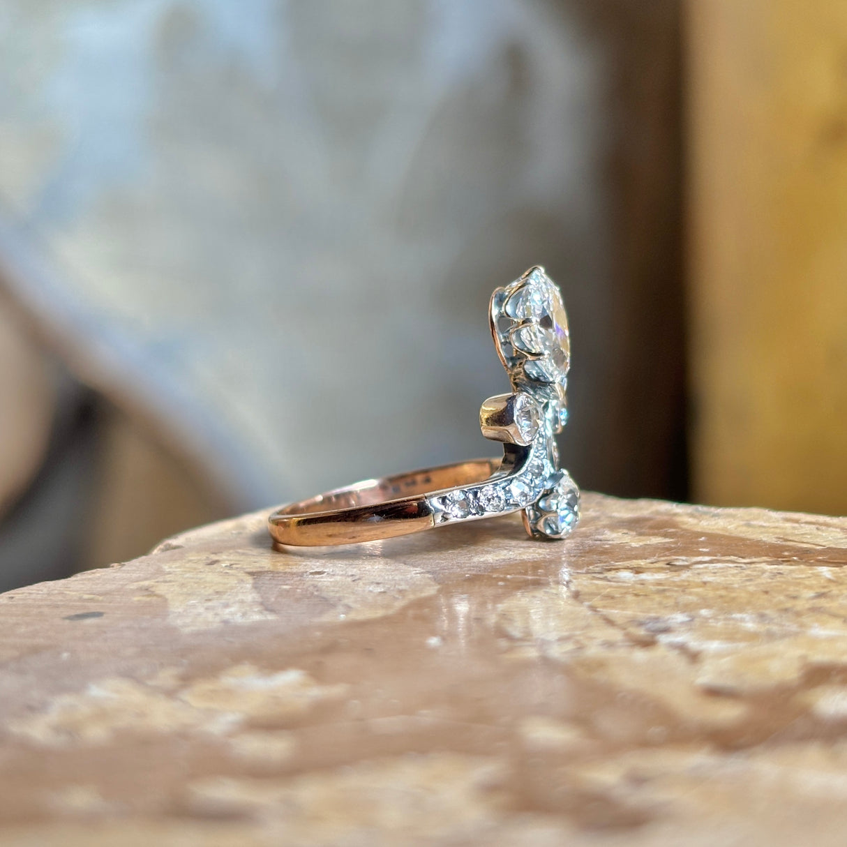 Antique, Edwardian pear cut diamond motif engagement ring