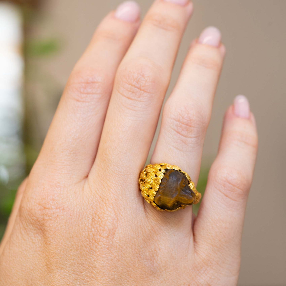 Vintage, 1980's French, tiger's eye honey bear ring