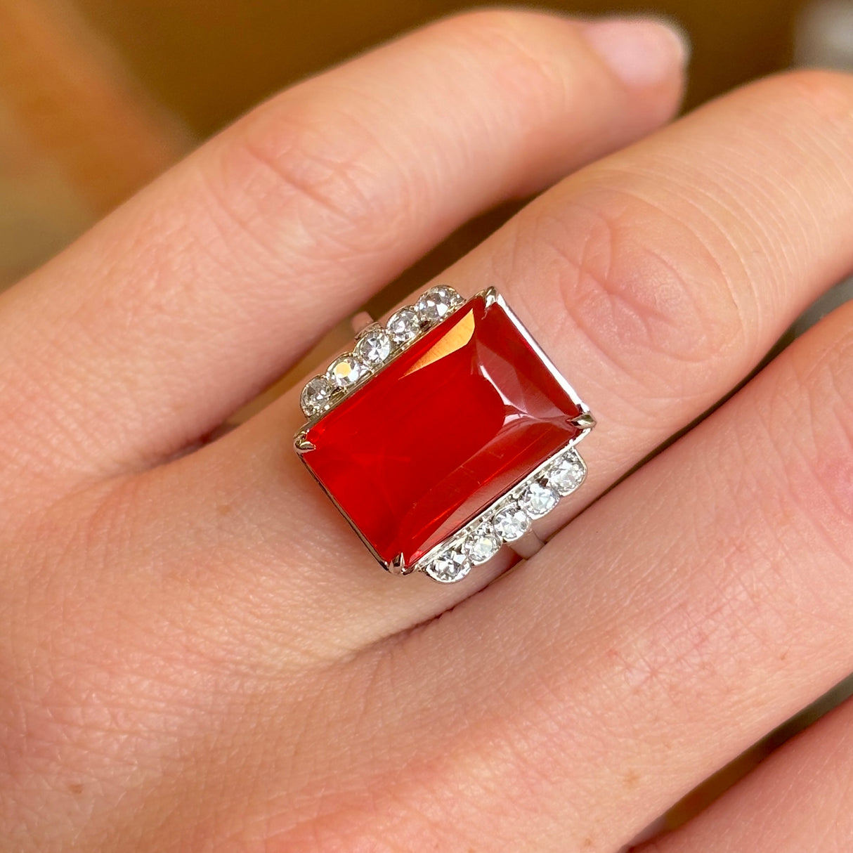 Antique, Edwardian fire opal & diamond cocktail ring