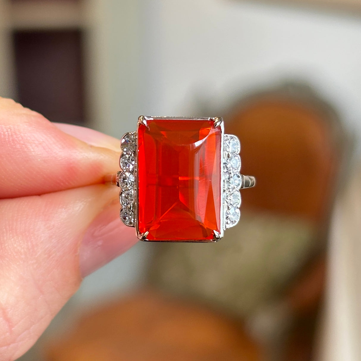 Antique, Edwardian fire opal & diamond cocktail ring