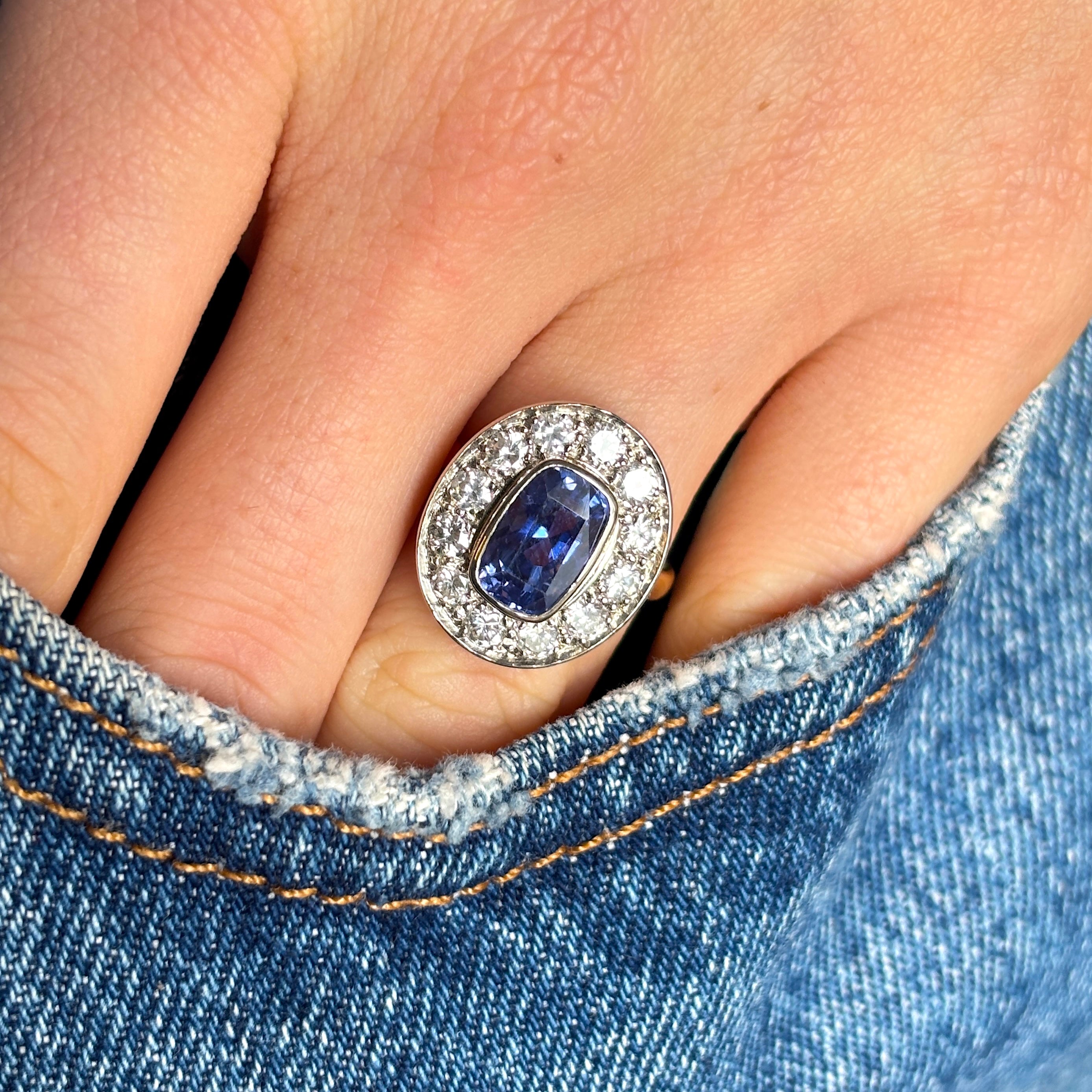 1358-Vintage, 1980s French sapphire & diamond cluster ring