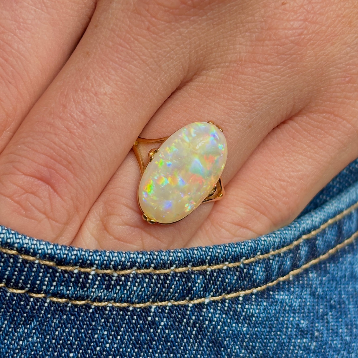 Vintage, cabochon-cut white opal ring