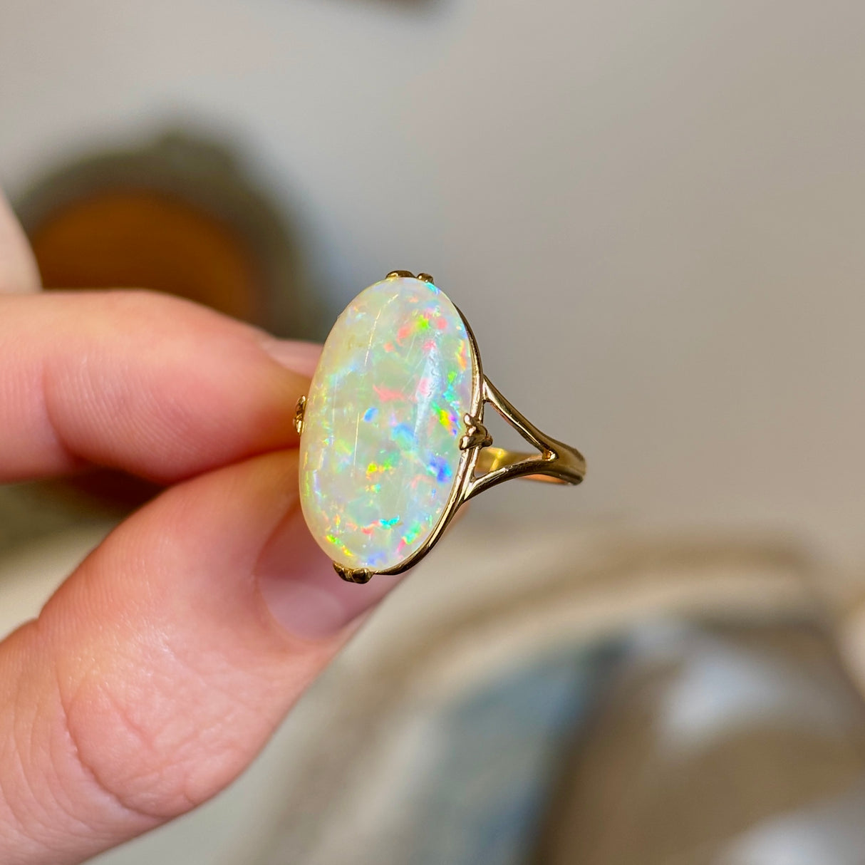 Vintage, cabochon-cut white opal ring