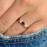1565-Antique, Edwardian five stone ruby and diamond ring  worn on hand