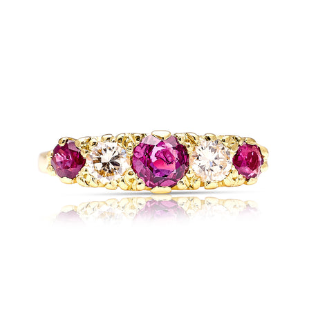 1565-Antique, Edwardian five stone ruby and diamond ring front