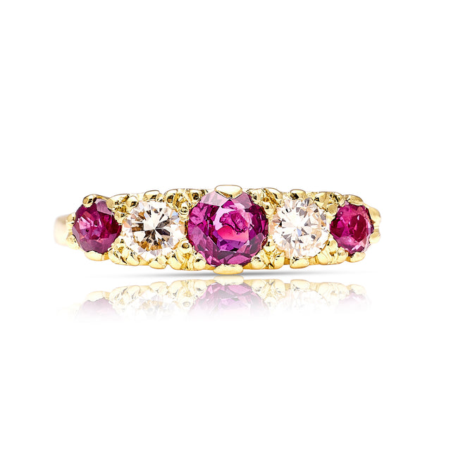 1565-Antique, Edwardian five stone ruby and diamond ring front