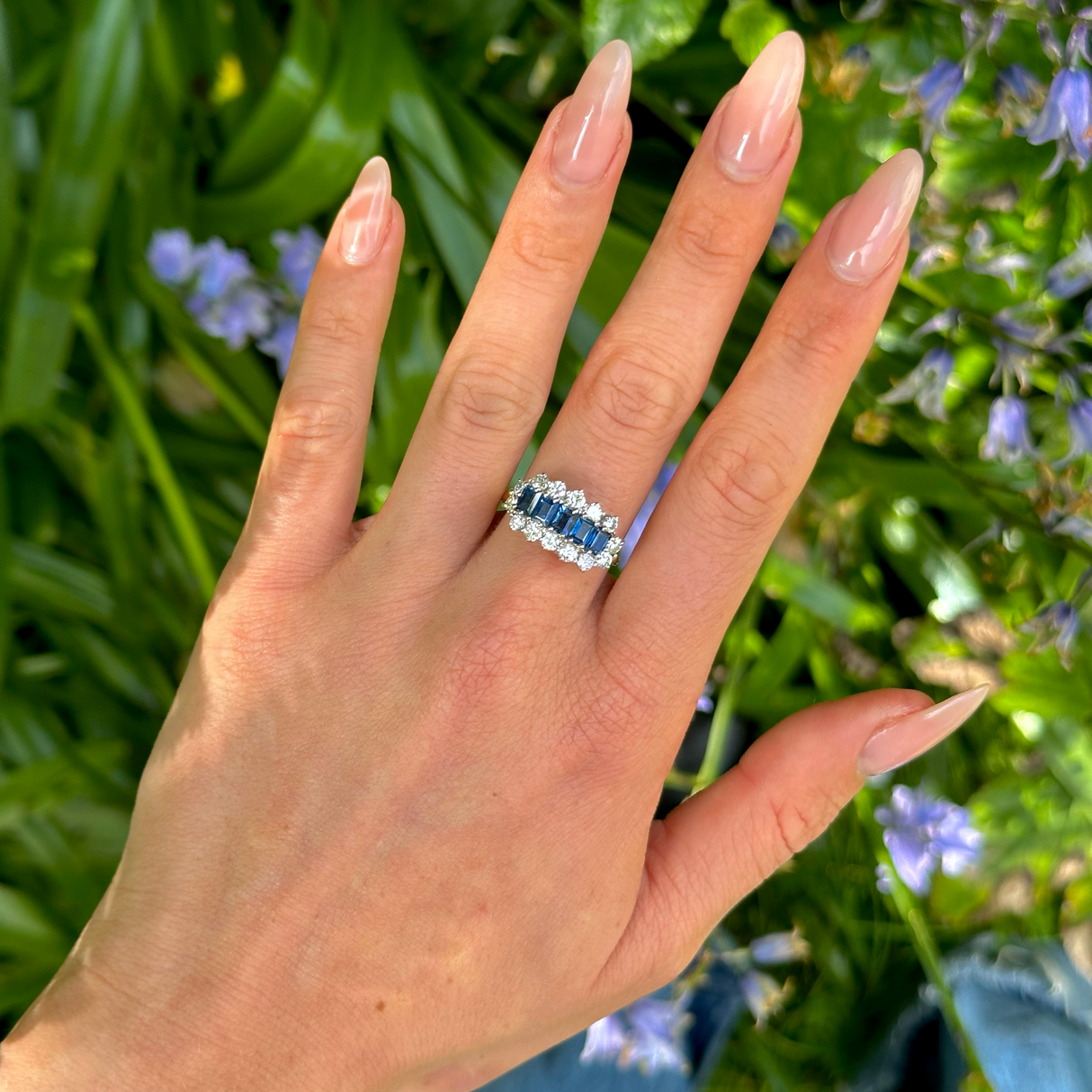  Vintage, 1950s Sapphire and Diamond Cocktail Ring, 18ct Yellow Gold and Platinum worn on hand.