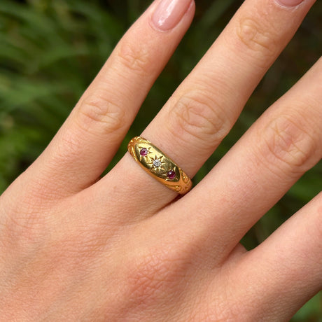 Antique, Edwardian ruby and diamond gypsy ring  on hand