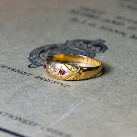 Antique, Edwardian ruby and diamond gypsy ring side