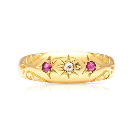Antique, Edwardian ruby and diamond gypsy ring front