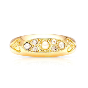 Antique, Edwardian pearl and diamond three-stone ring front