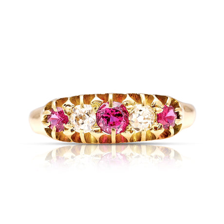 Antique, Edwardian ruby and diamond five-stone ring front